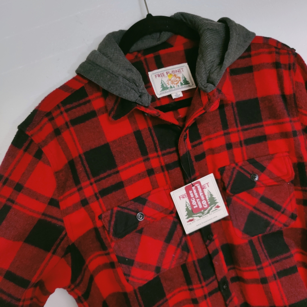Free Planet Red and Black Plaid Casual Button Down W/Removable Hoodie Sz XL NWT